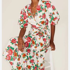 Rhode Fiona puff-sleeve cotton floral wrap dress